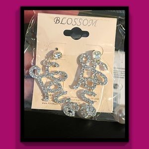 Blossom rhinestone earrings that says Love